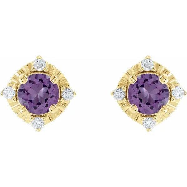 Natural Amethyst & Natural Diamond Halo-Style Birthstone Earrings