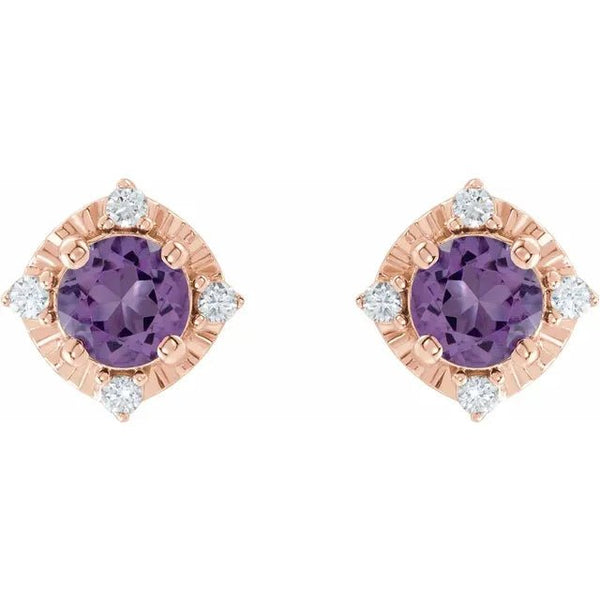 Natural Amethyst & Natural Diamond Halo-Style Birthstone Earrings