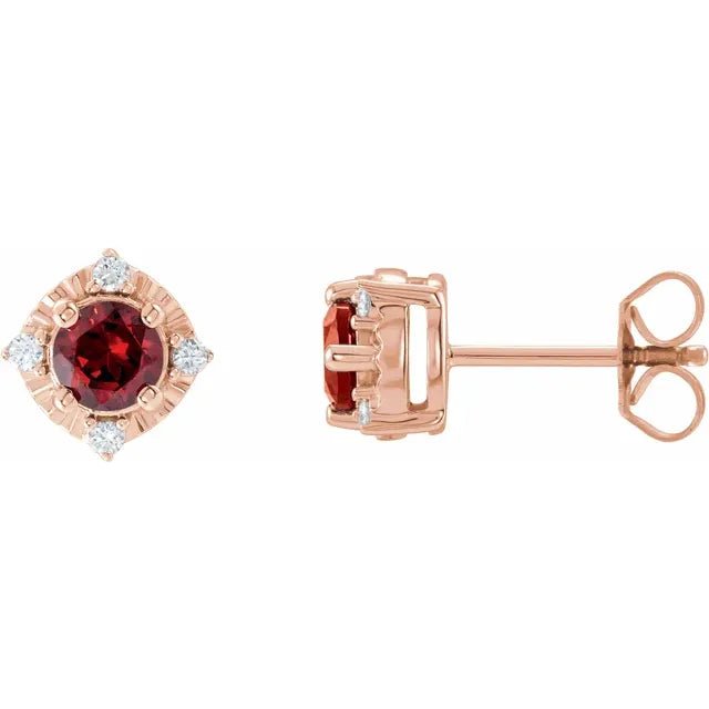 Natural Mozambique Garnet & Natural Diamond Halo-Style Birthstone Earrings