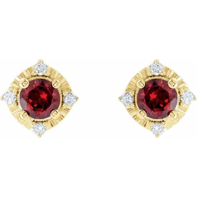 Natural Mozambique Garnet & Natural Diamond Halo-Style Birthstone Earrings