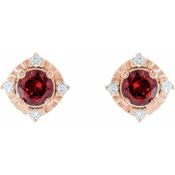 Natural Mozambique Garnet & Natural Diamond Halo-Style Birthstone Earrings