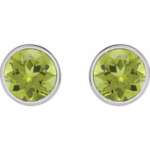 Printemps au Jardin, Natural Peridot Round Bezel Stud Earrings