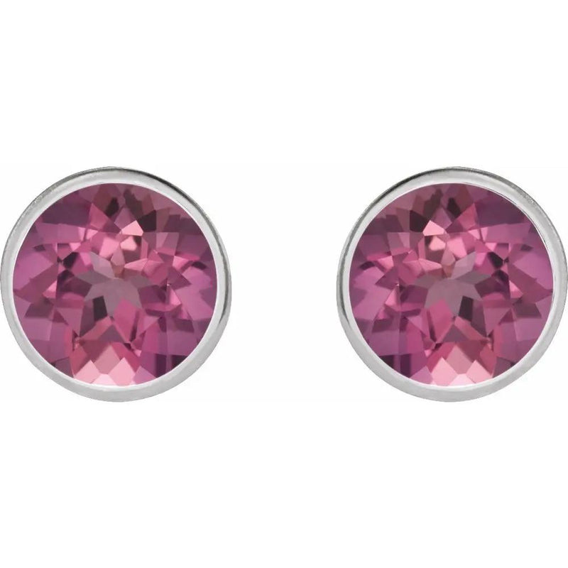Natural Pink Tourmaline Round Bezel Earrings