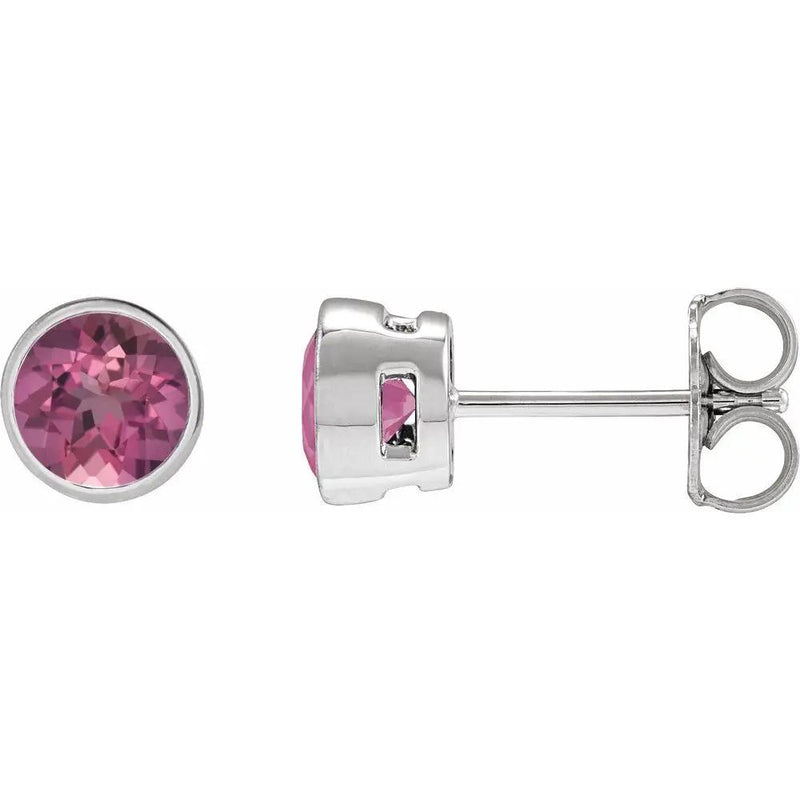 Natural Pink Tourmaline Round Bezel Earrings