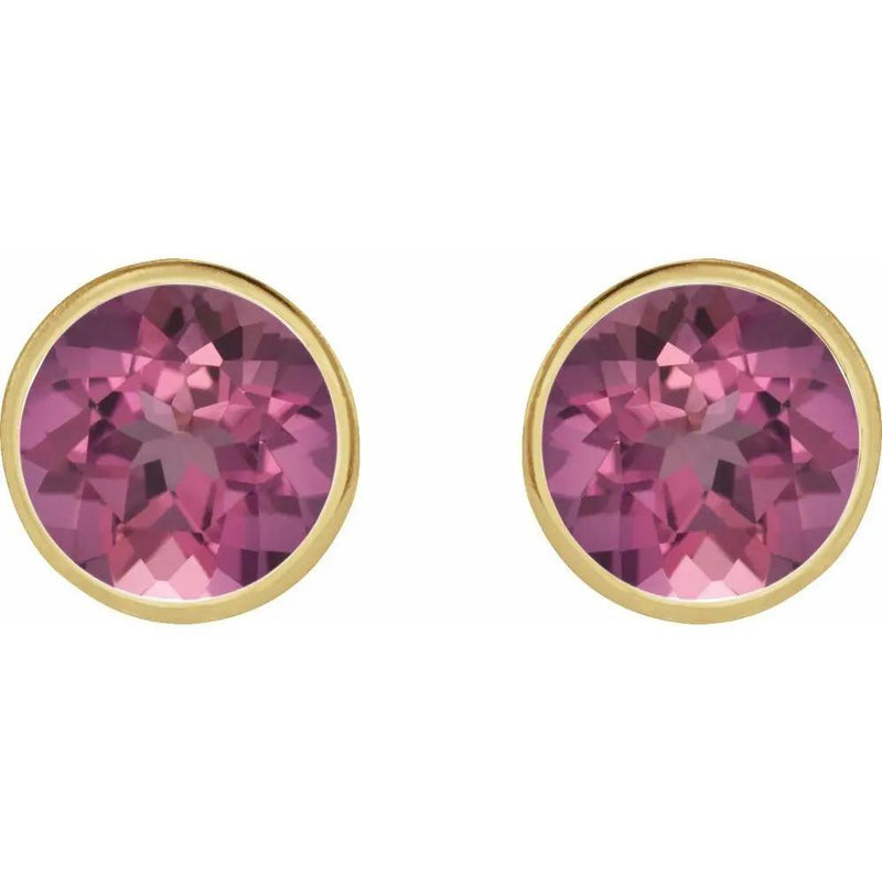 Natural Pink Tourmaline Round Bezel Earrings