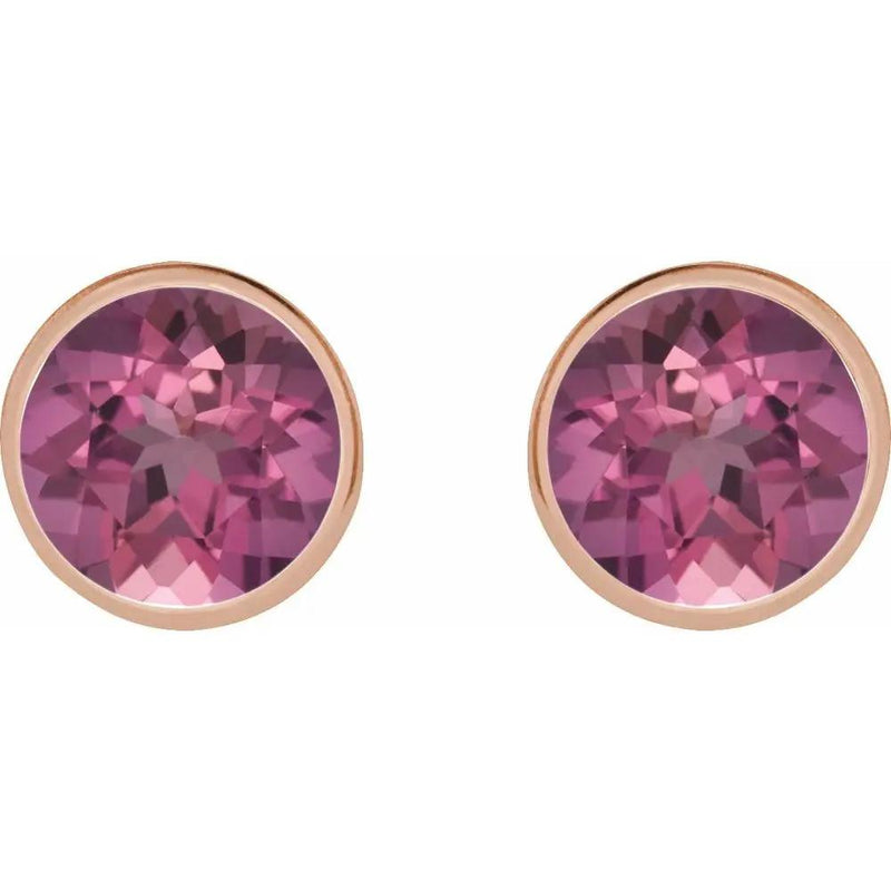Natural Pink Tourmaline Round Bezel Earrings