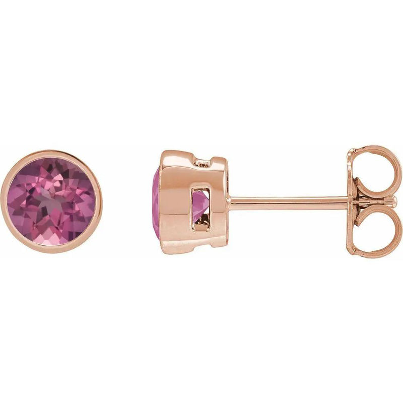 Natural Pink Tourmaline Round Bezel Earrings