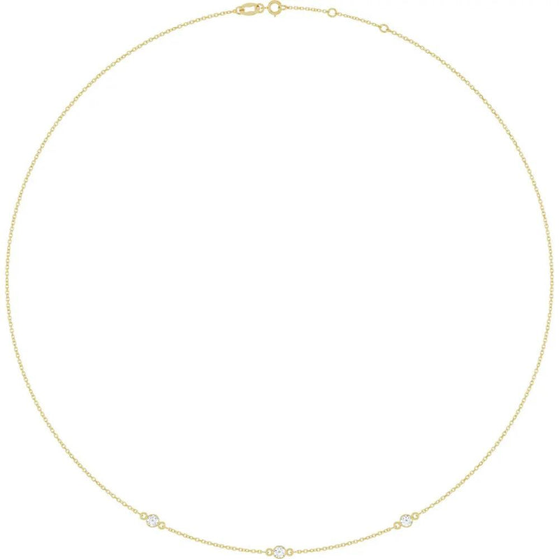Ricochet sur Luzège, Rose Gold Three Stone Bezel Diamond Necklace