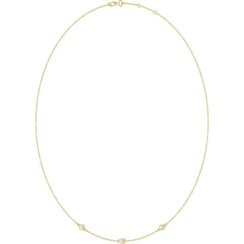 Ricochet sur Luzège, Rose Gold Three Stone Bezel Diamond Necklace