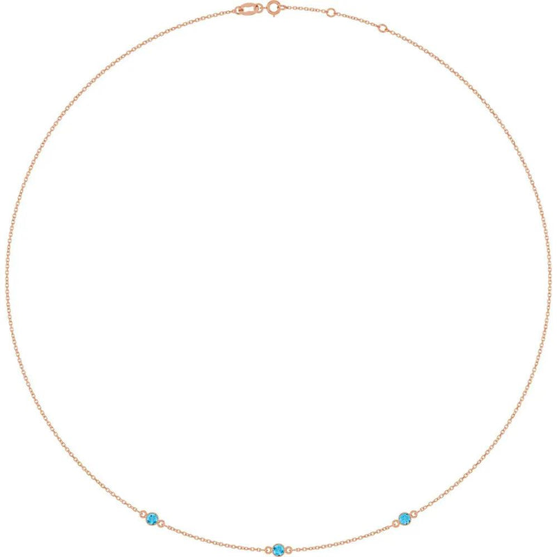 Ricochet sur Luzège, Three Stone Aquamarine Bezel Station Necklace
