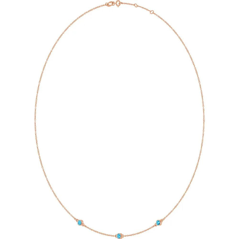 Ricochet sur Luzège, Three Stone Aquamarine Bezel Station Necklace