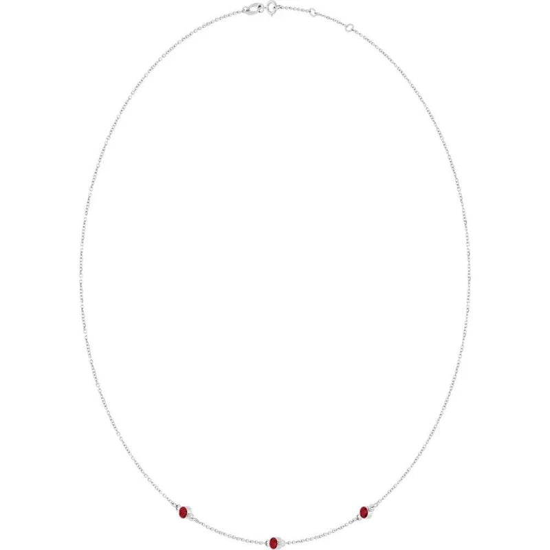 Rosée du Jardin des Plantes, Rose Gold Three Stone Ruby Bezel Station Necklace