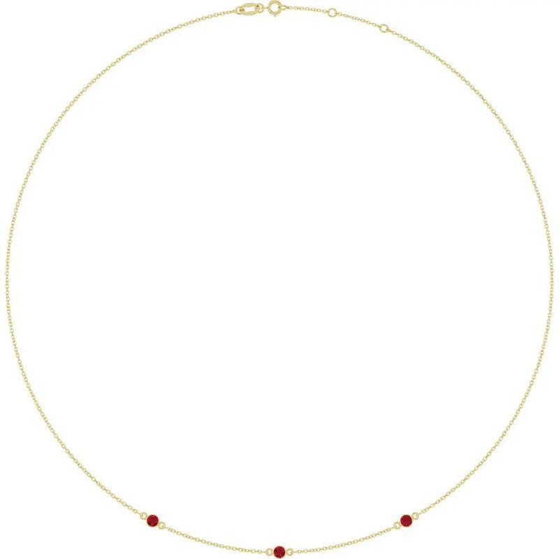 Rosée du Jardin des Plantes, Rose Gold Three Stone Ruby Bezel Station Necklace