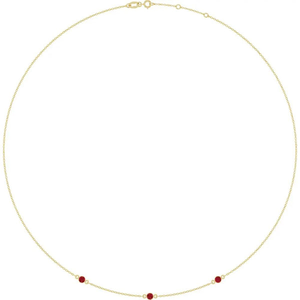 Rosée du Jardin des Plantes, Rose Gold Three Stone Ruby Bezel Station Necklace
