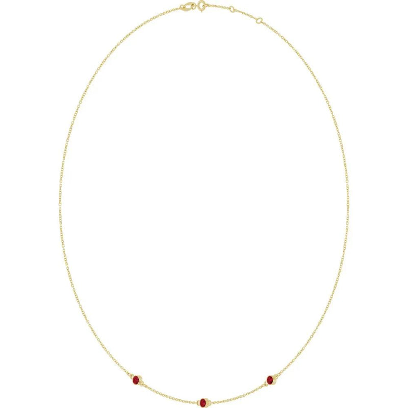 Rosée du Jardin des Plantes, Rose Gold Three Stone Ruby Bezel Station Necklace