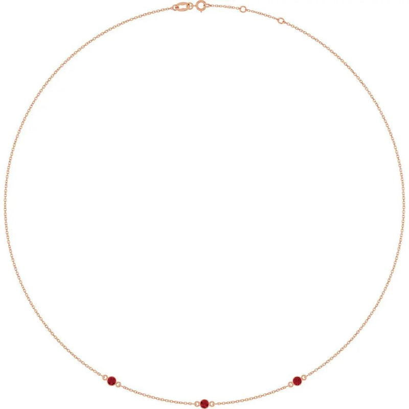 Rosée du Jardin des Plantes, Rose Gold Three Stone Ruby Bezel Station Necklace