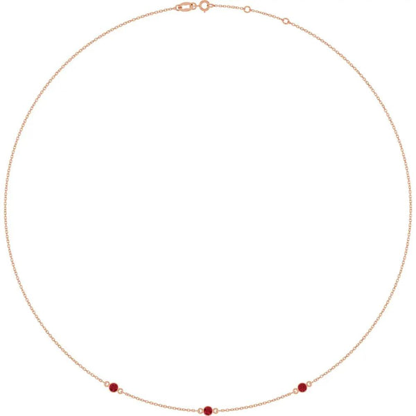 Rosée du Jardin des Plantes, Rose Gold Three Stone Ruby Bezel Station Necklace