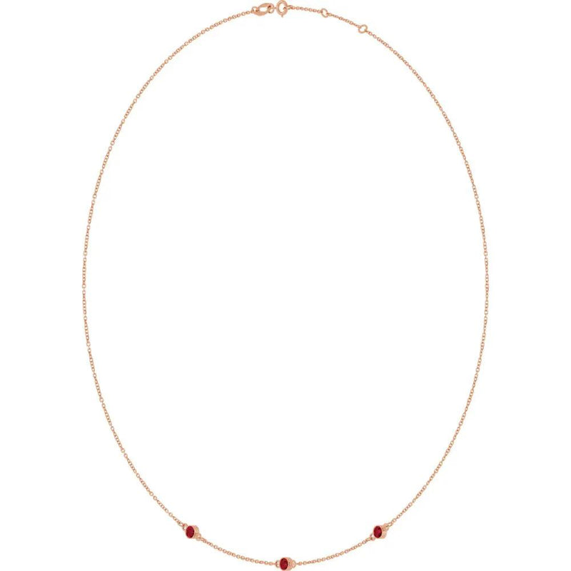 Rosée du Jardin des Plantes, Rose Gold Three Stone Ruby Bezel Station Necklace