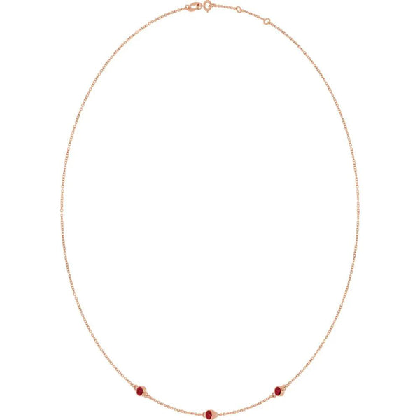 Rosée du Jardin des Plantes, Rose Gold Three Stone Ruby Bezel Station Necklace