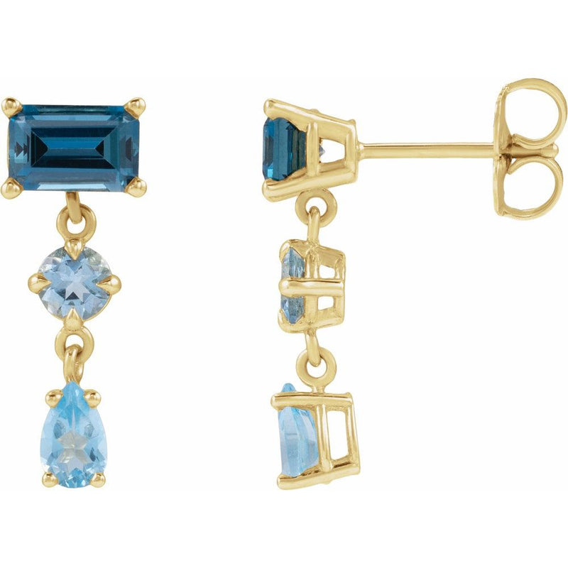 Natural London Blue Topaz, Aquamarine and Swiss Blue Topaz Dangle Earrings