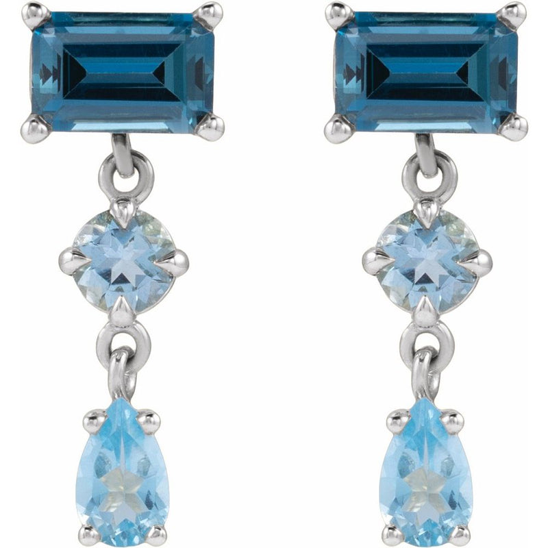 Natural London Blue Topaz, Aquamarine and Swiss Blue Topaz Dangle Earrings