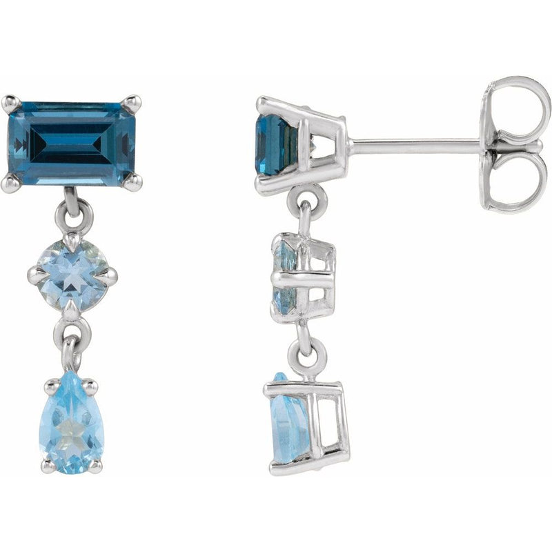 Natural London Blue Topaz, Aquamarine and Swiss Blue Topaz Dangle Earrings