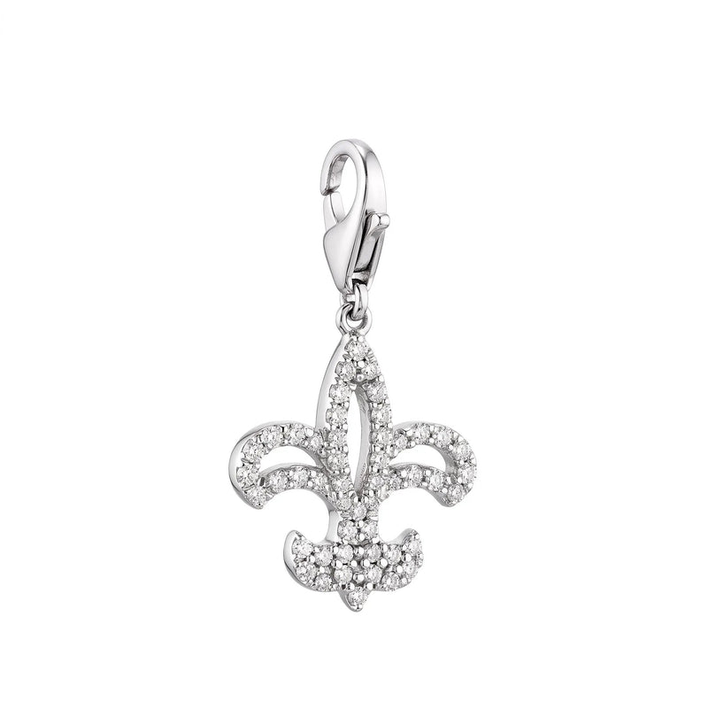 A silver-tone fleur-de-lis charm embellished with clear pavé stones, suspended from a matching lobster clasp, shown on a solid white background.
