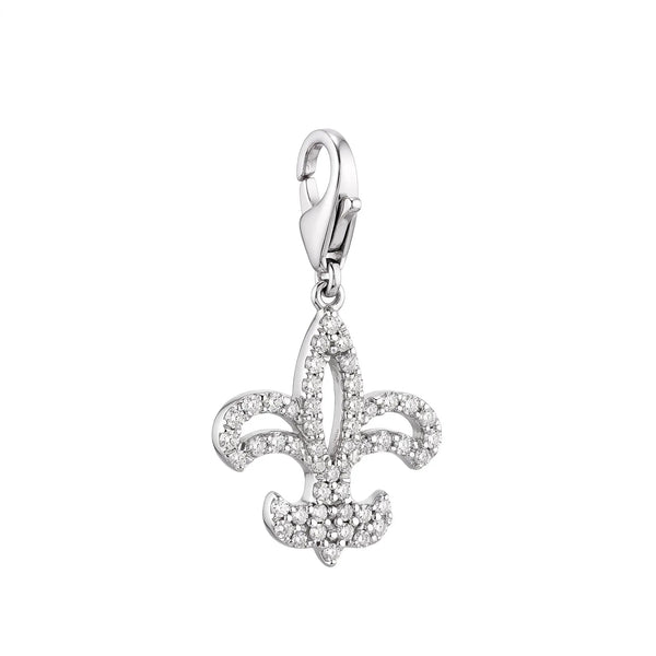 A silver-tone fleur-de-lis charm embellished with clear pavé stones, suspended from a matching lobster clasp, shown on a solid white background.