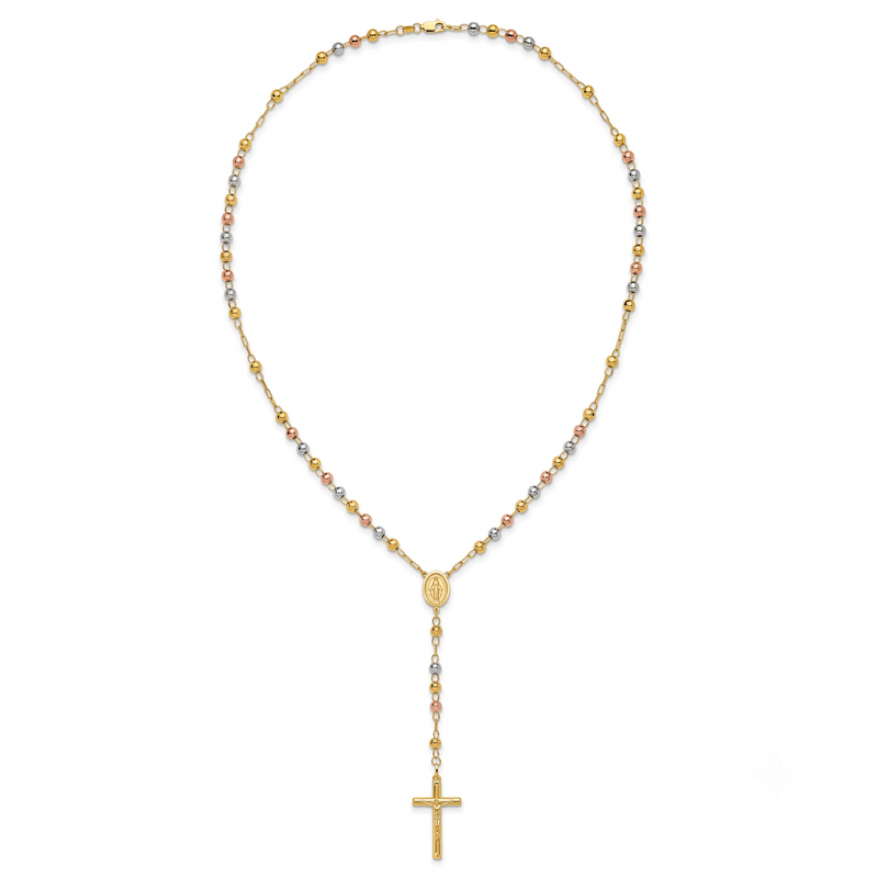 Tri-Color Gold Diamond-Cut Rosary Necklace