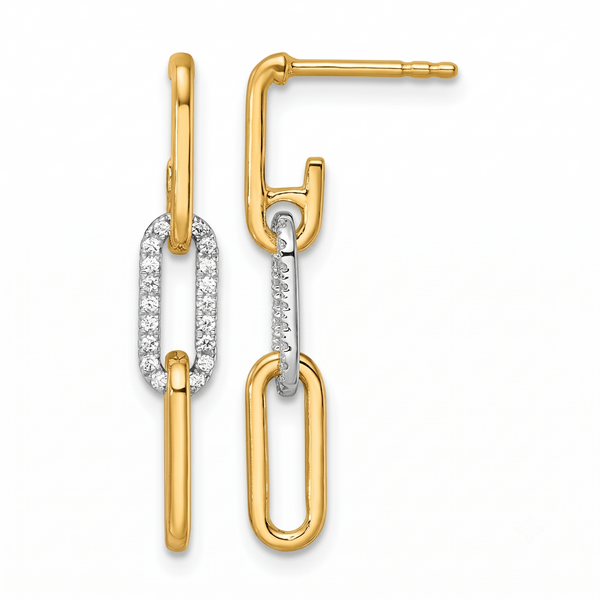 Two-Tone Gold Diamond Paperclip Link Dangle Earrings