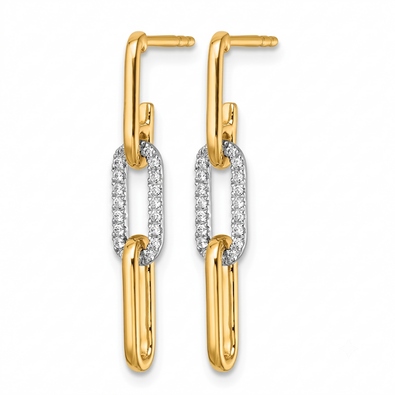 Two-Tone Gold Diamond Paperclip Link Dangle Earrings