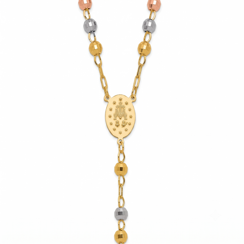 Tri-Color Gold Diamond-Cut Rosary Necklace