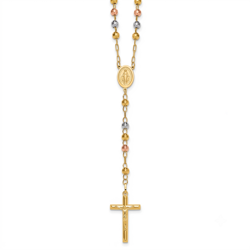 Tri-Color Gold Diamond-Cut Rosary Necklace