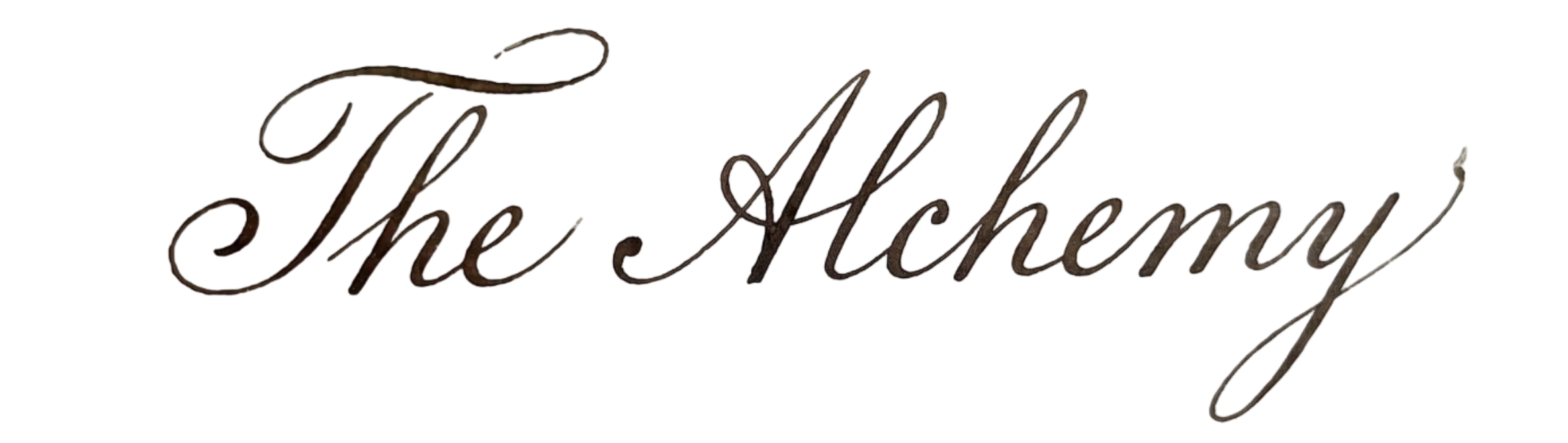 Text 'The Alchemy' written in cursive on a textured paper background