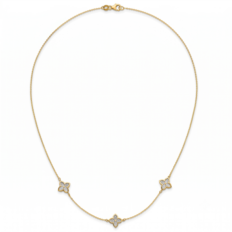 Clover Station Necklace, 14K Yellow Gold & White Rhodium Diamond-Cut