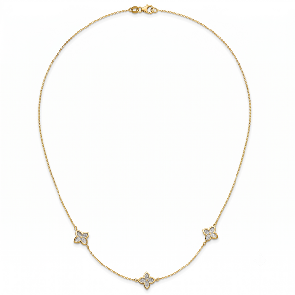 Clover Station Necklace, 14K Yellow Gold & White Rhodium Diamond-Cut