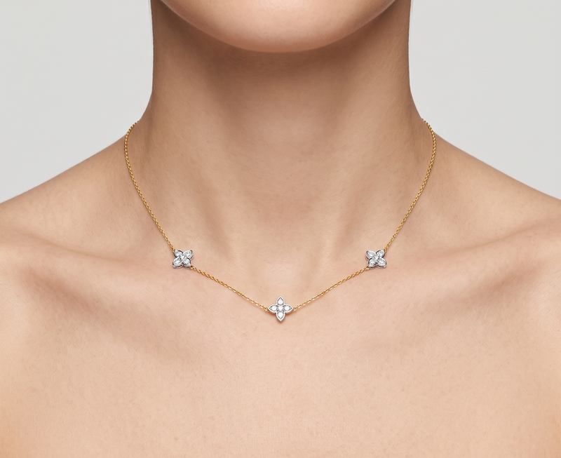 Clover Station Necklace, 14K Yellow Gold & White Rhodium Diamond-Cut