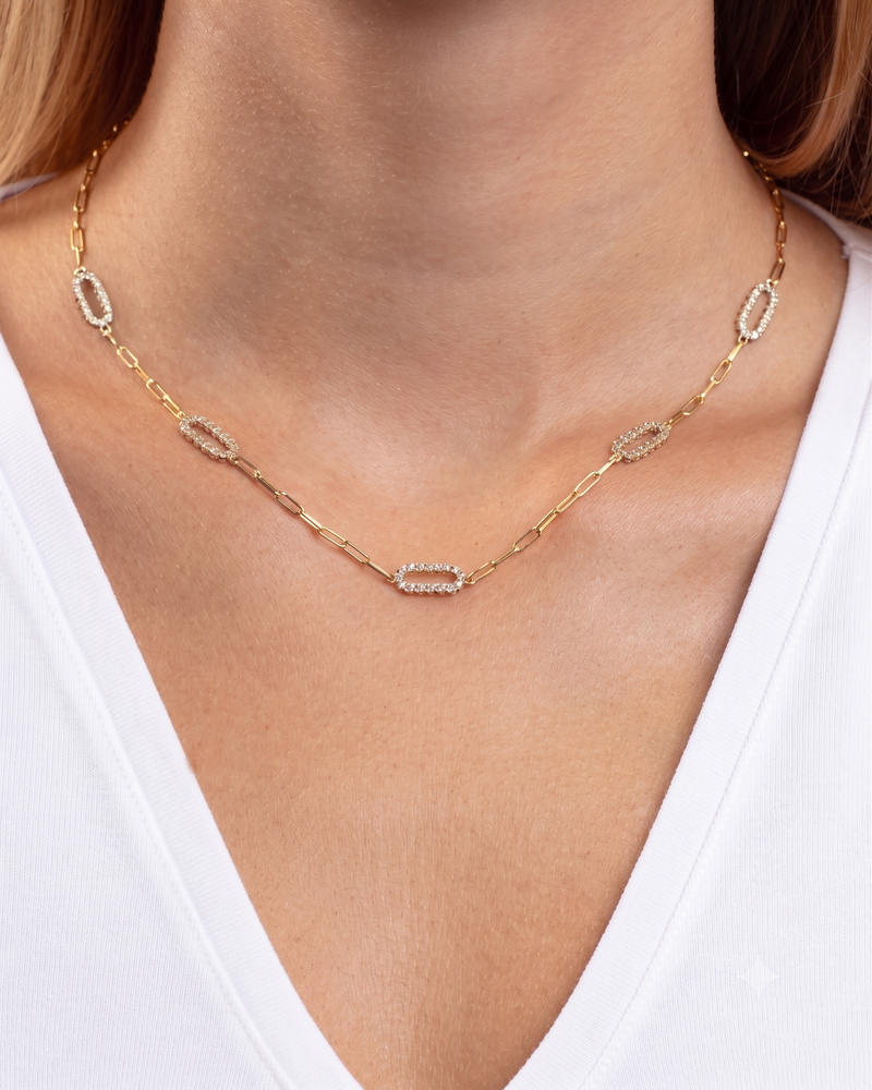 Two-Tone Gold & Diamonds Paperclip Necklace (18")