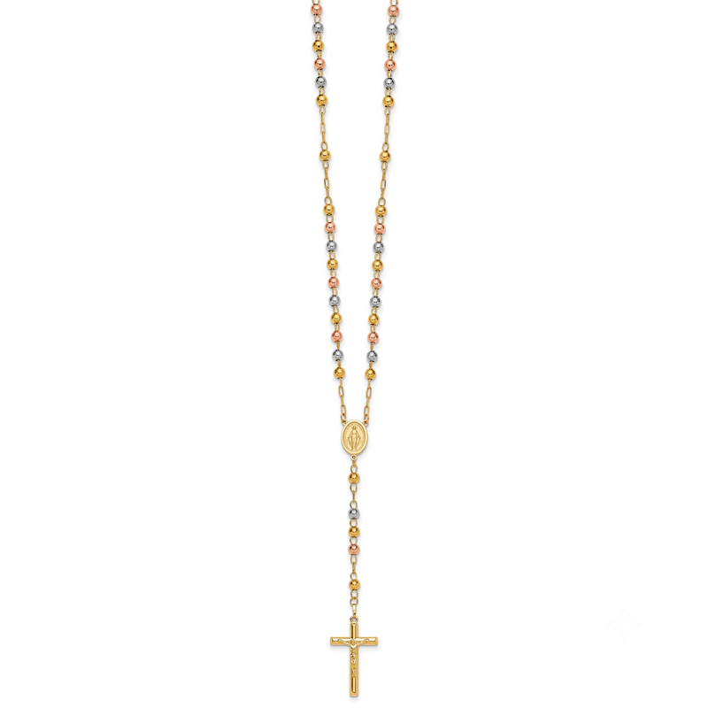 Tri-Color Gold Diamond-Cut Rosary Necklace