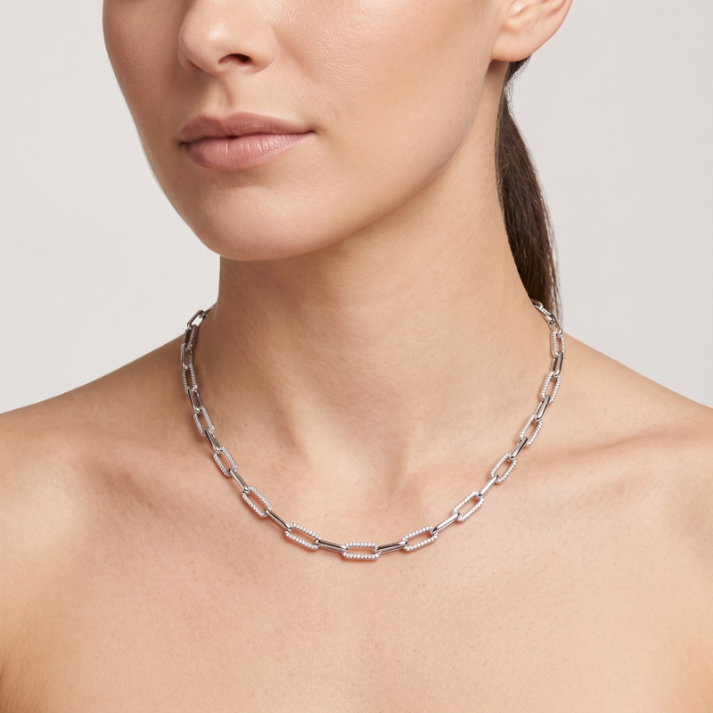 Diamond Paperclip Link Necklace, 14K White Gold