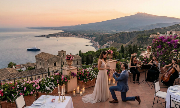 Romantic marriage proposal on a terrace overlooking the coast with a string trio playing.