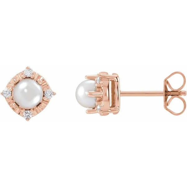 Cultured White Freshwater Pearl & Natural Diamond Halo-Style Birthstone Earrings