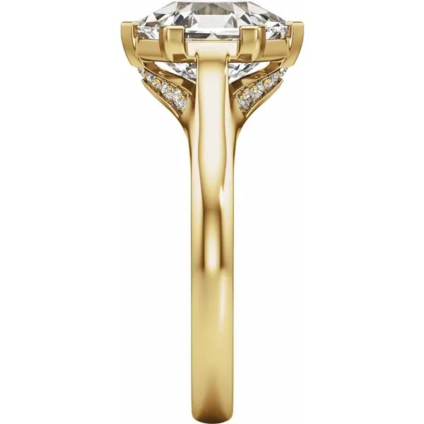 Yellow gold engagement ring with a round lab-grown diamond and pave diamond band