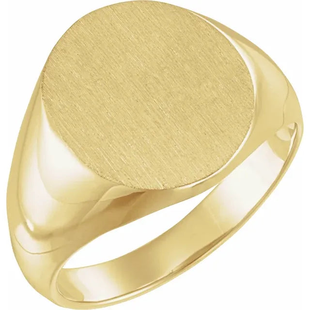 Minimalist brushed gold signet ring in recycled yellow gold.
