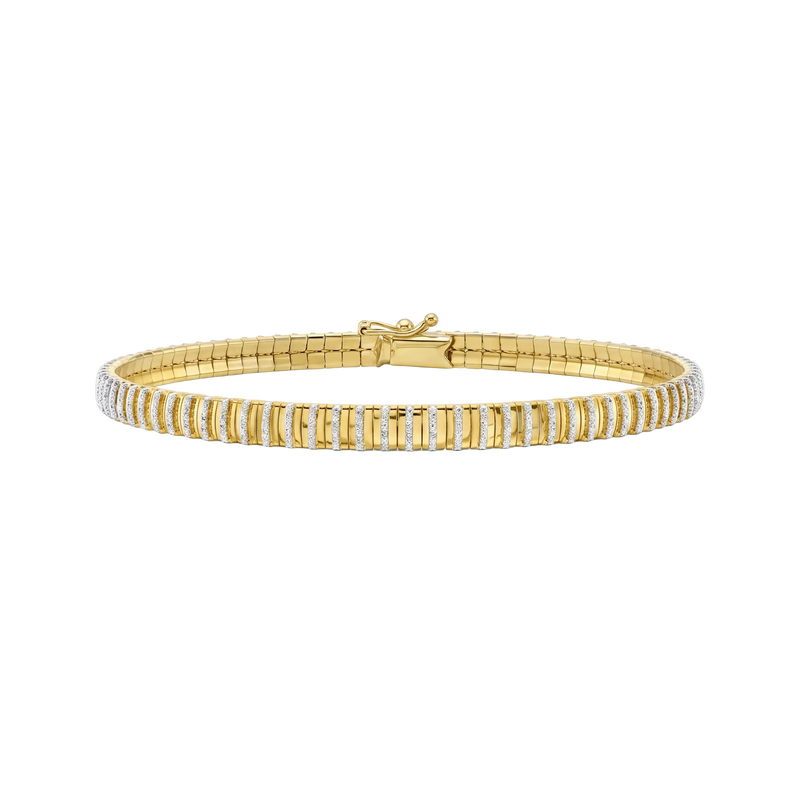 A yellow gold tennis bracelet with a row of small clear stones on one side, photographed on a clean white background.