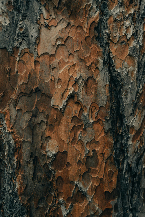 Close-up texture of rough, reddish-brown tree bark with organic patterns.