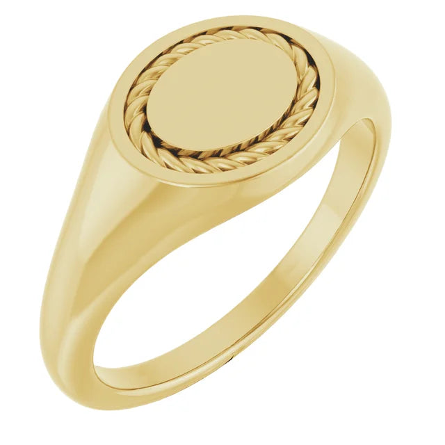 Gold signet ring with a polished oval face and twisted rope border detail