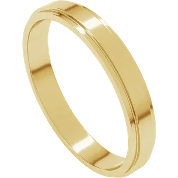 A polished, classic yellow gold wedding band ring isolated on a black background.