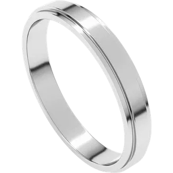Polished silver wedding band ring with a minimalist beveled edge design.