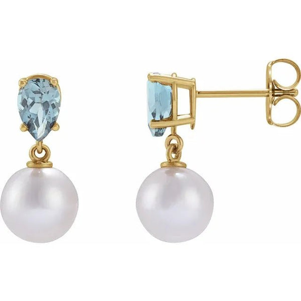 White Akoya Pearl Earrings with Natural Pear Aquamarine